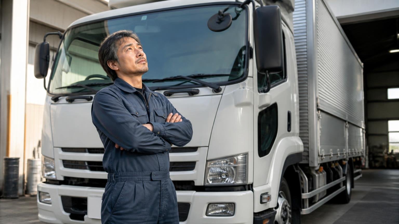 見るべきは評判ではなく自分の1台と合うかどうか。早朝の車庫で自分の4tトラックを見上げる作業着姿の男性が、腕を組んで考え込んでいる