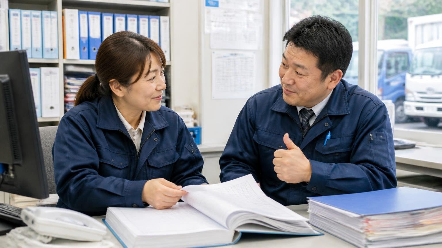 なぜトラック買取業者は口コミが少ないのか 運送会社の営業所で車両台帳をめくる事務担当 2人 納得した表情でうなずく