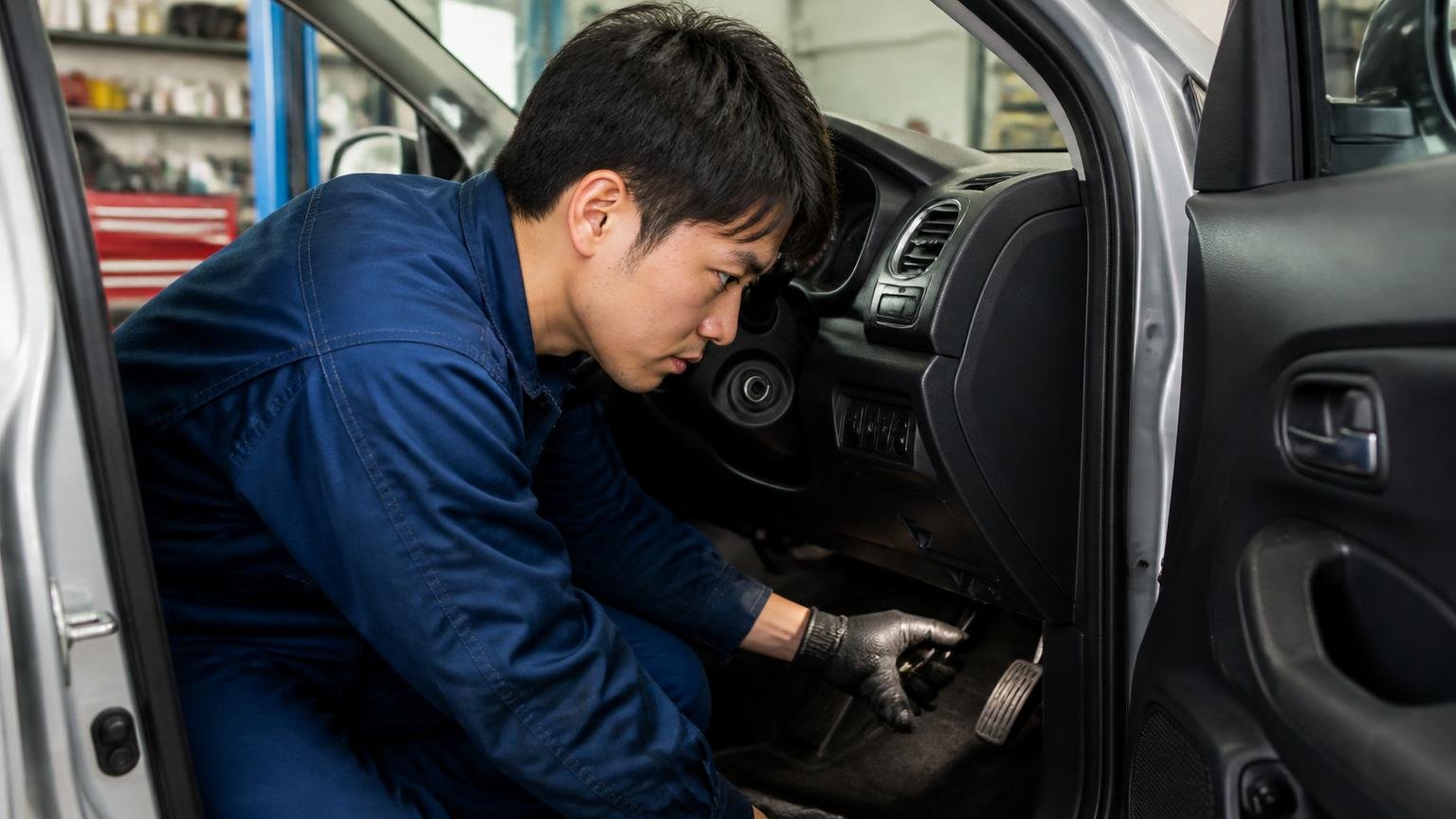 原因⑤ターボと無関係な場所が原因|車庫で運転席の足元のペダルを手で触り確認する整備士1人