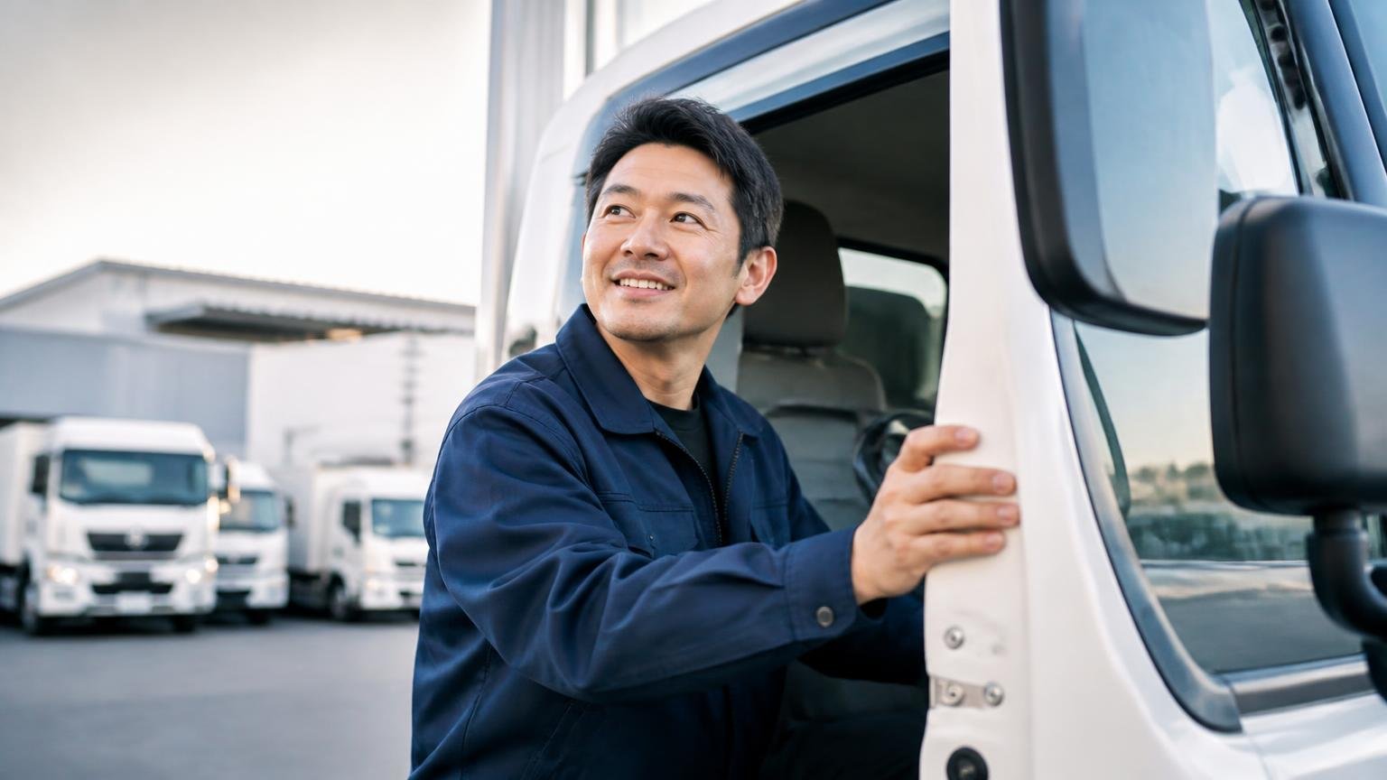 まずは1社目の金額を無料で知る。早朝の車庫で運転席のドアを開ける男性1人が前向きな表情
