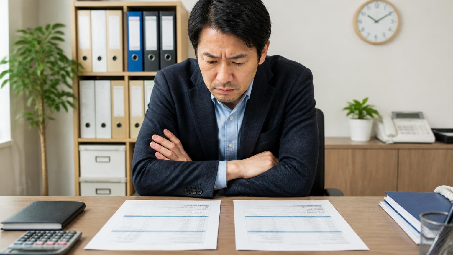 査定料や引取費用がどこまで無料か。事務所で2枚の見積書を並べて金額を比べる40代男性1人、渋い表情