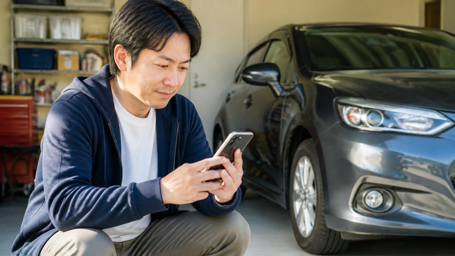 診断の結果を待つ間に今の価値を数字にしておきたい方へ|朝の車庫でスマホから査定を申し込む男性1人