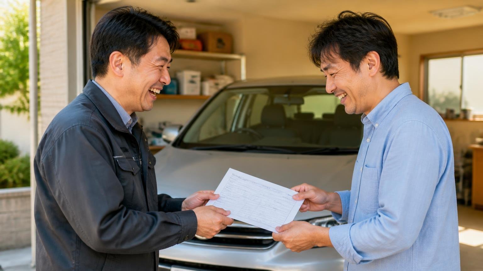 無料査定でもう1つの数字を手に入れる|車庫で査定書を受け取る男性2人が晴れやかな表情