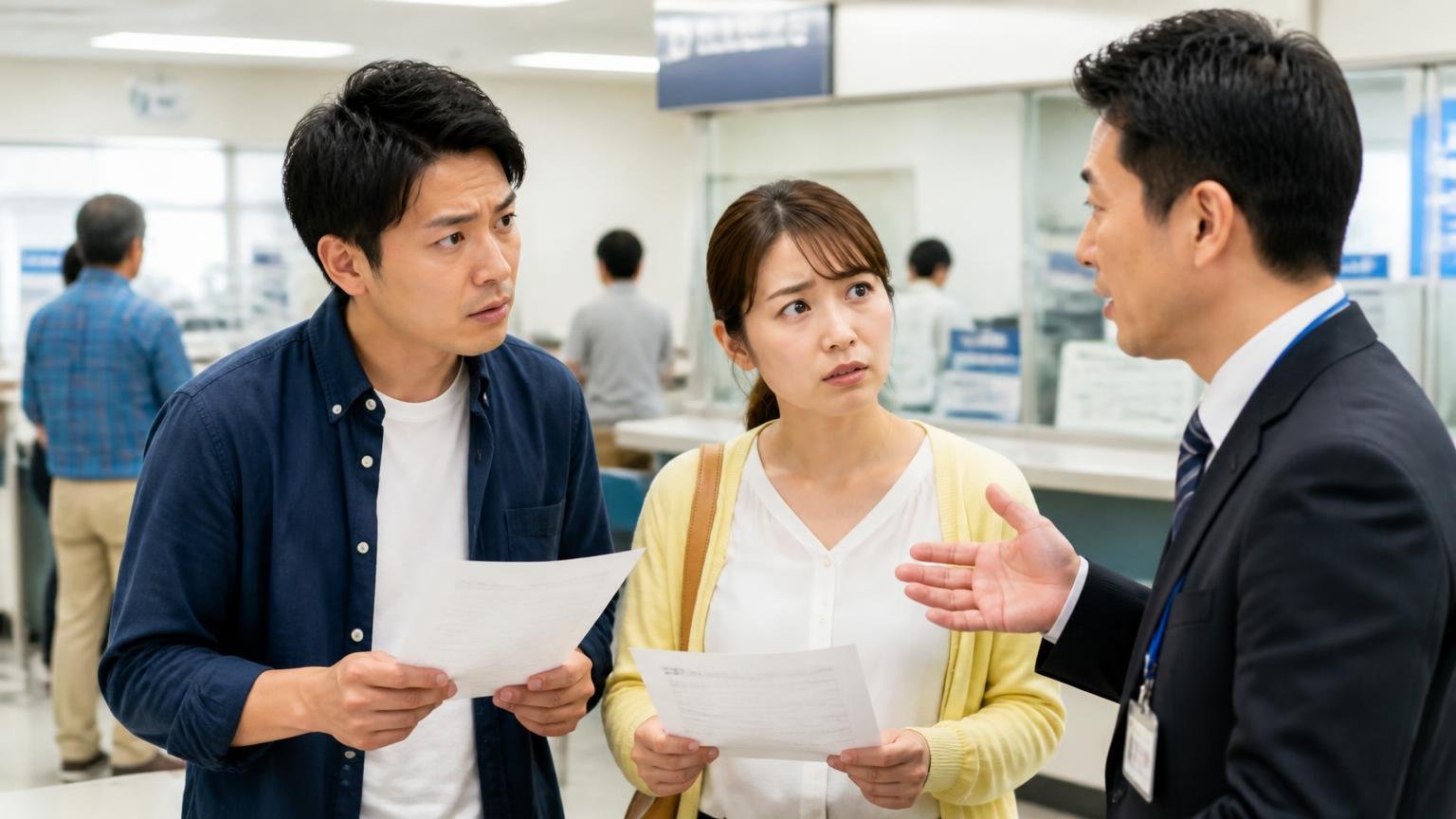 名義変更はいつまでに完了するのか 運輸支局の窓口前で書類を手にする 男女2人が担当者に確認する