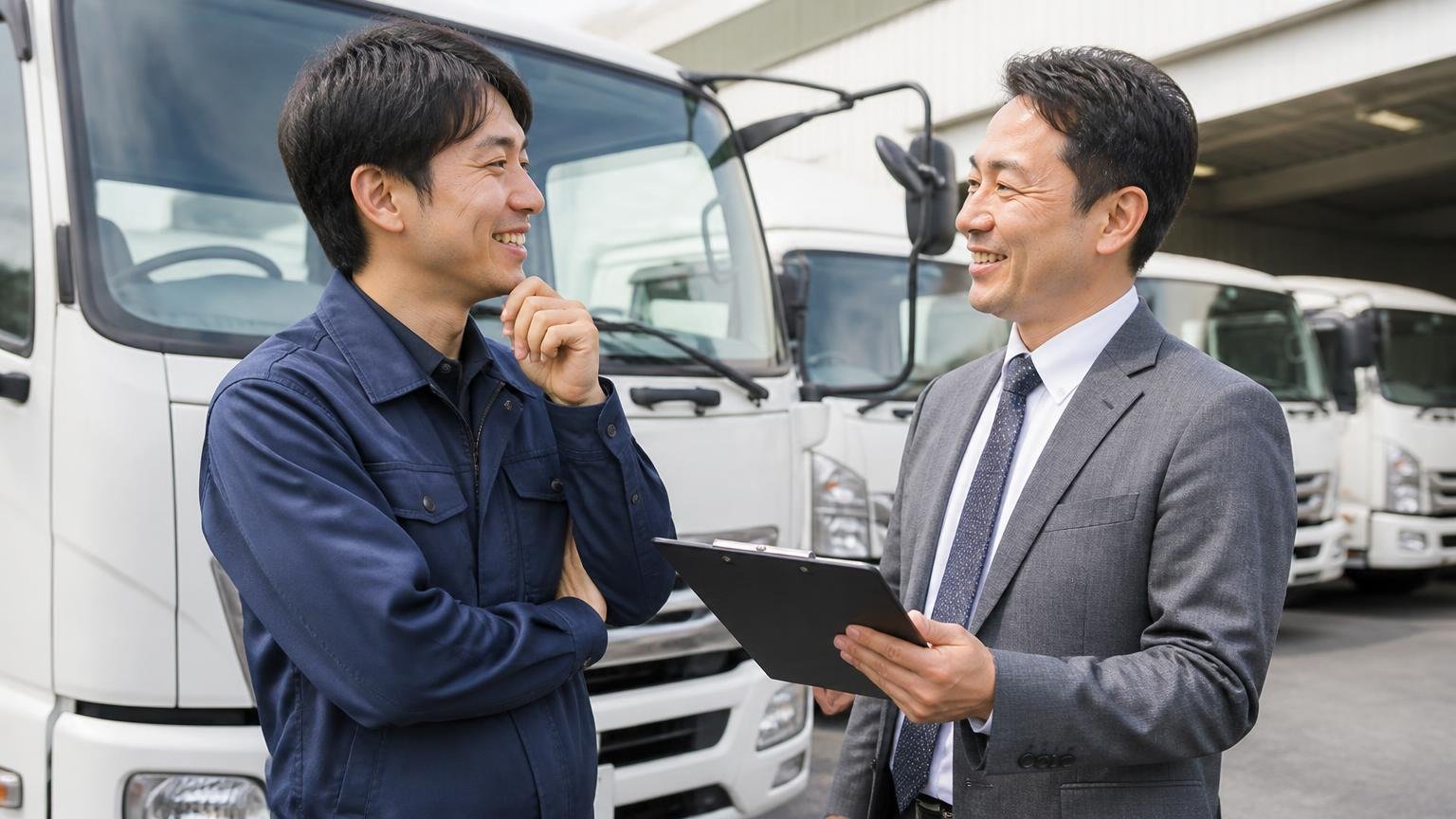 まず金額を見てから決める。営業所の車庫で査定に来た担当者と車両を確認する男性2人が笑顔で話す