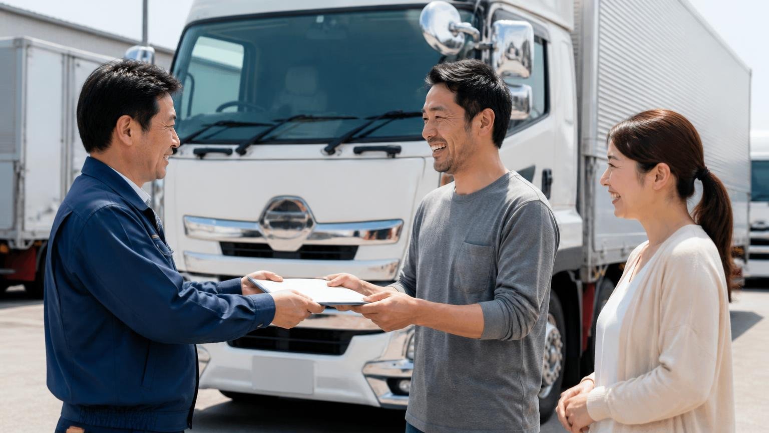まずは無料査定から。全国対応のトラック買取業者3選／車庫に停まった大型トラックの前／男女3人／笑顔で書類を渡す