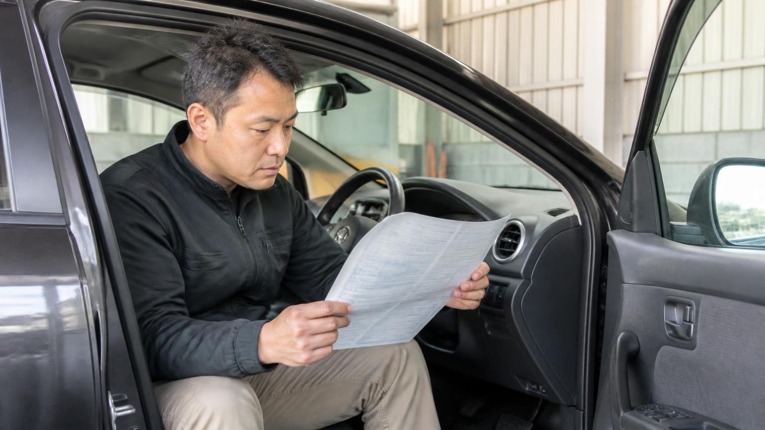 査定の前に車検証を1回見る。早朝の車庫で運転席のドアを開けた男性1人が、車検証を広げて所有者欄を確認する