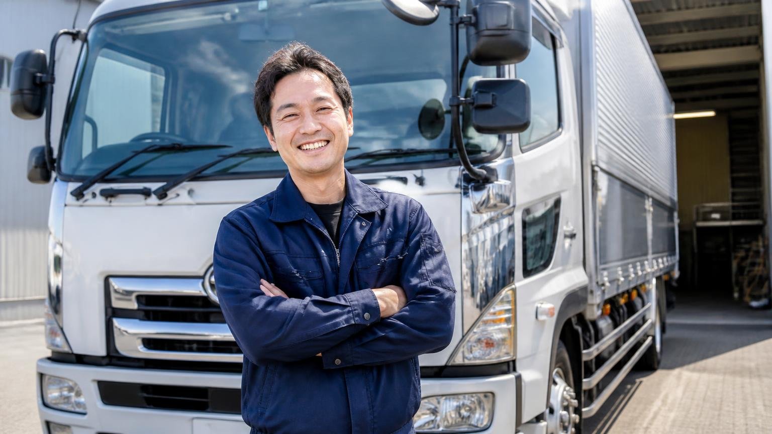 無料査定で今の金額を確かめる。早朝の車庫で自分のトラックの前に立つ男性1人が晴れやかな表情