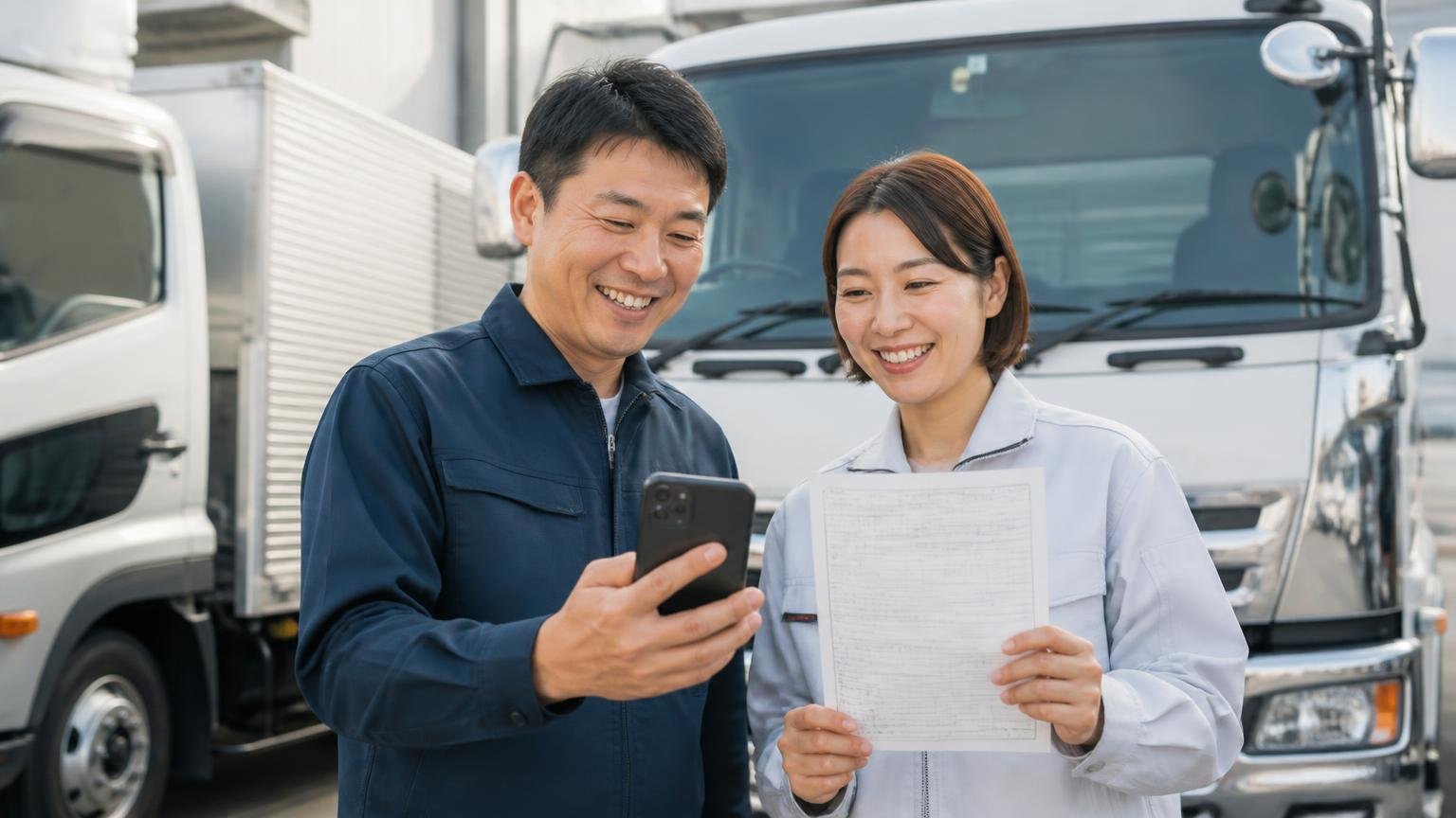 今日、車検証を手元に置いて申し込めるトラック買取業者3選 車庫のトラックの前で車検証を持ちスマホで申込む男女2人 前向きな笑顔