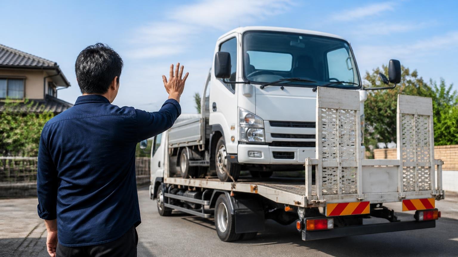 この記事の結論をもう一度確認する 積車に載せられるトラックの前で見送る男性1人の後ろ姿