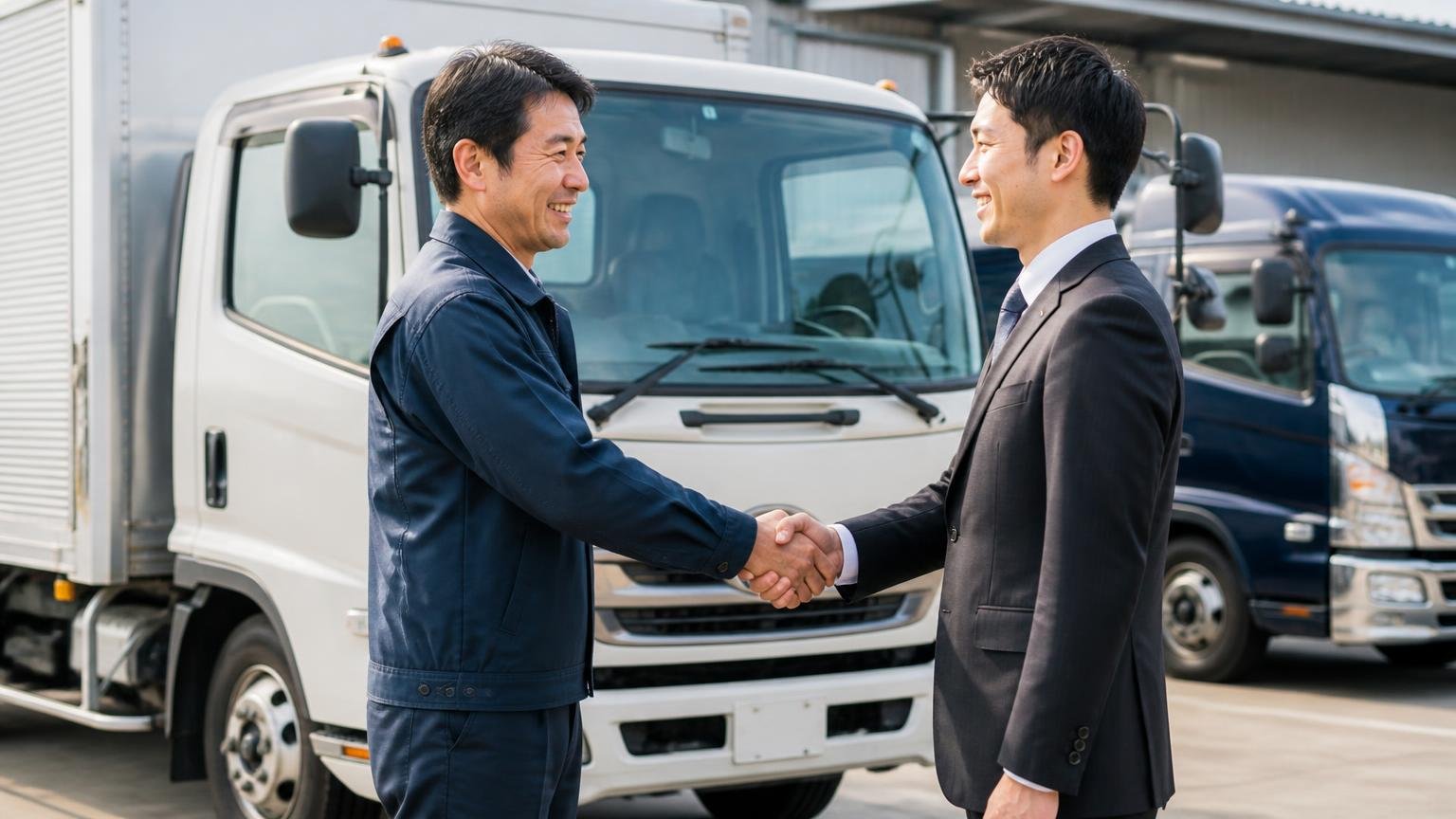 まずは1社目に。査定料も出張費も無料のトラック買取業者3選|営業所の車庫でトラックの前に立ち笑顔で握手する2人