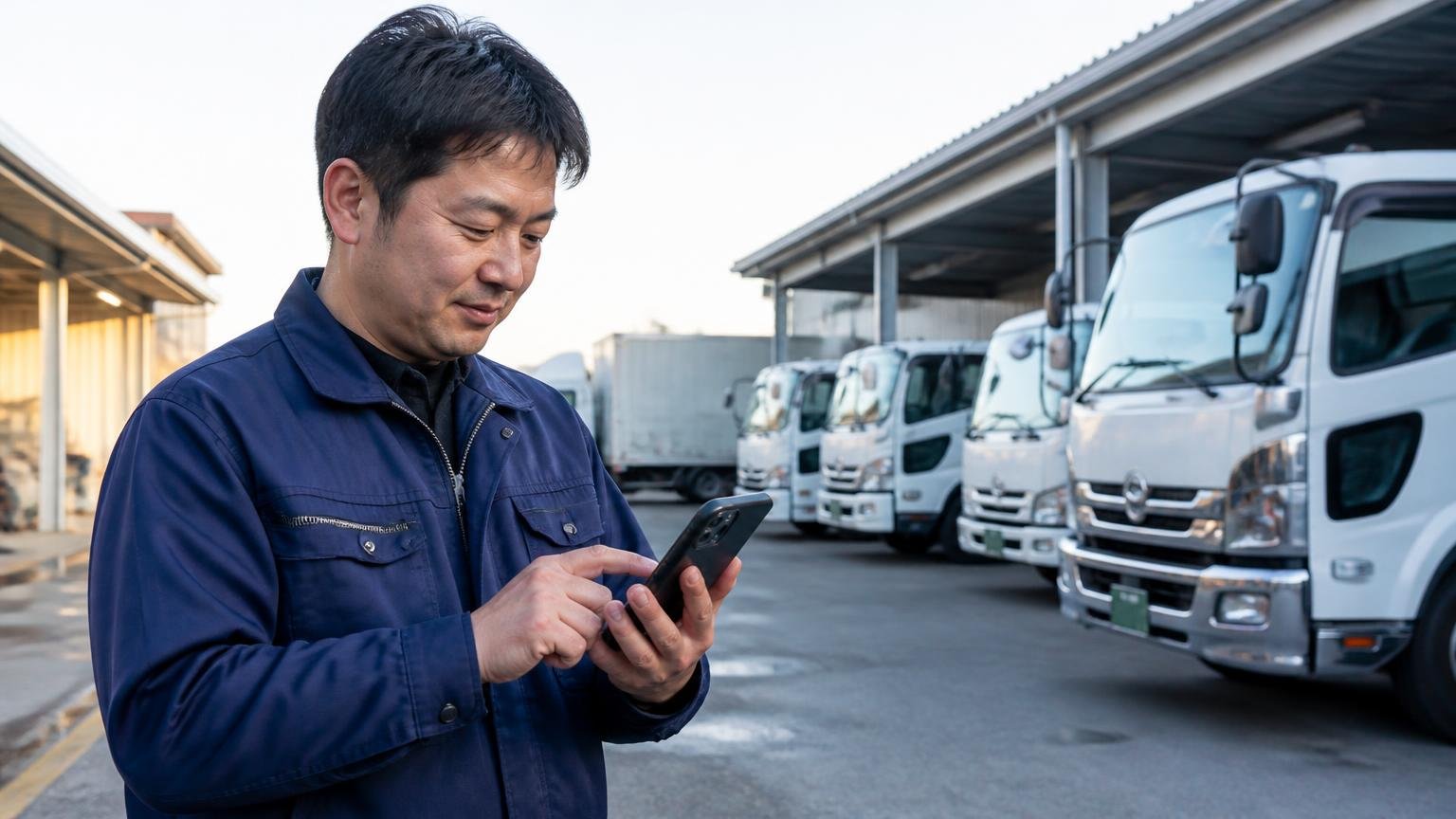 出張査定が無料で書類の手続きまで任せられるトラック買取業者3選|早朝の車庫でスマホから査定を申し込む男性1人
