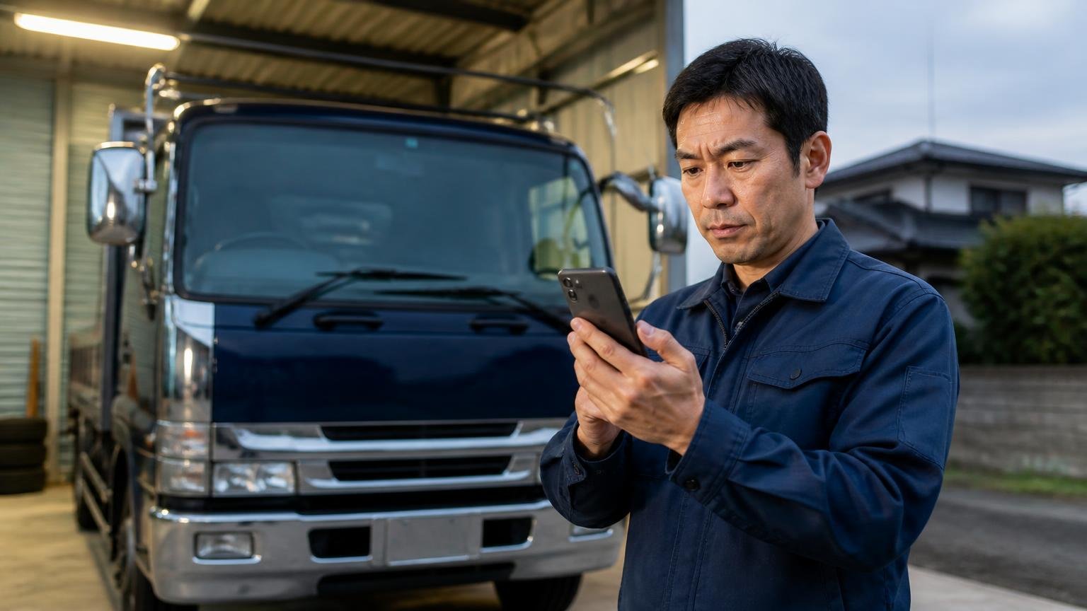 まずは無料の出張査定で1台のいまの金額を確かめる。夕方の車庫でトラックを見上げながらスマホで申し込む40代男性1人、決意の表情