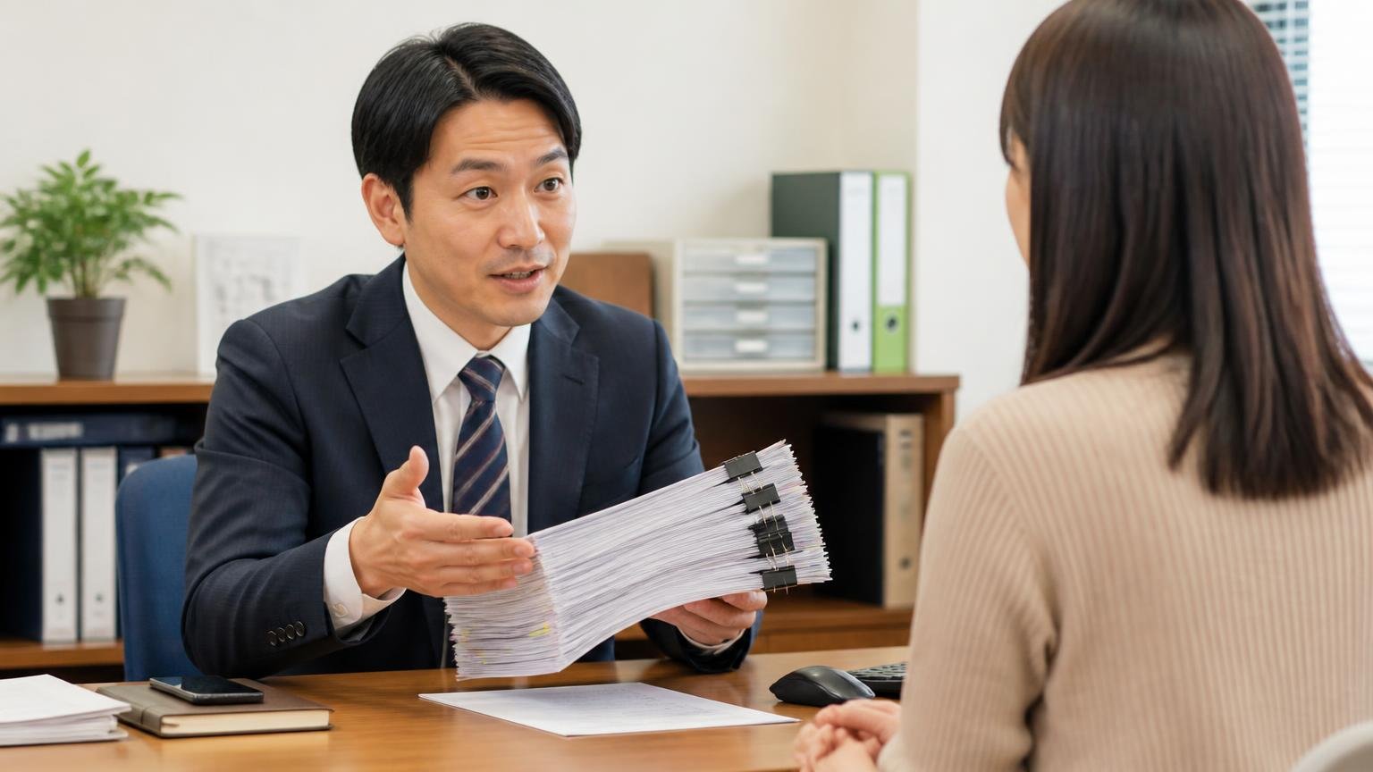 書類手続きをどこまで代行してくれるか。事務所で書類の束を挟んで説明する担当者1人と依頼者1人