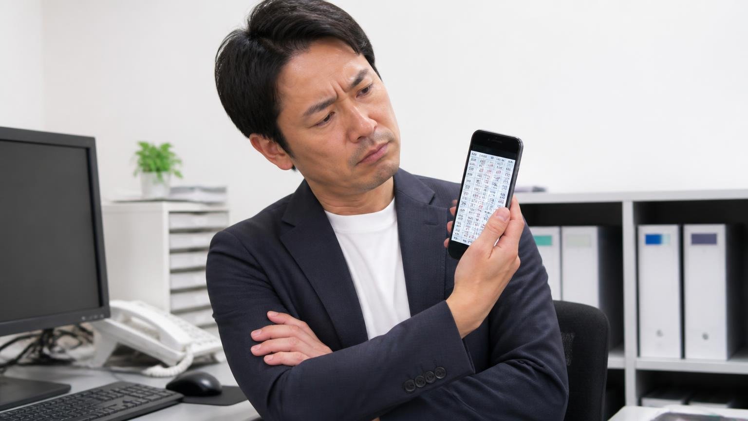 相場表の数字を自分の値段と思い込まない。事務所でスマホの相場表を見る40代男性1人が、腕を組んで首をひねる