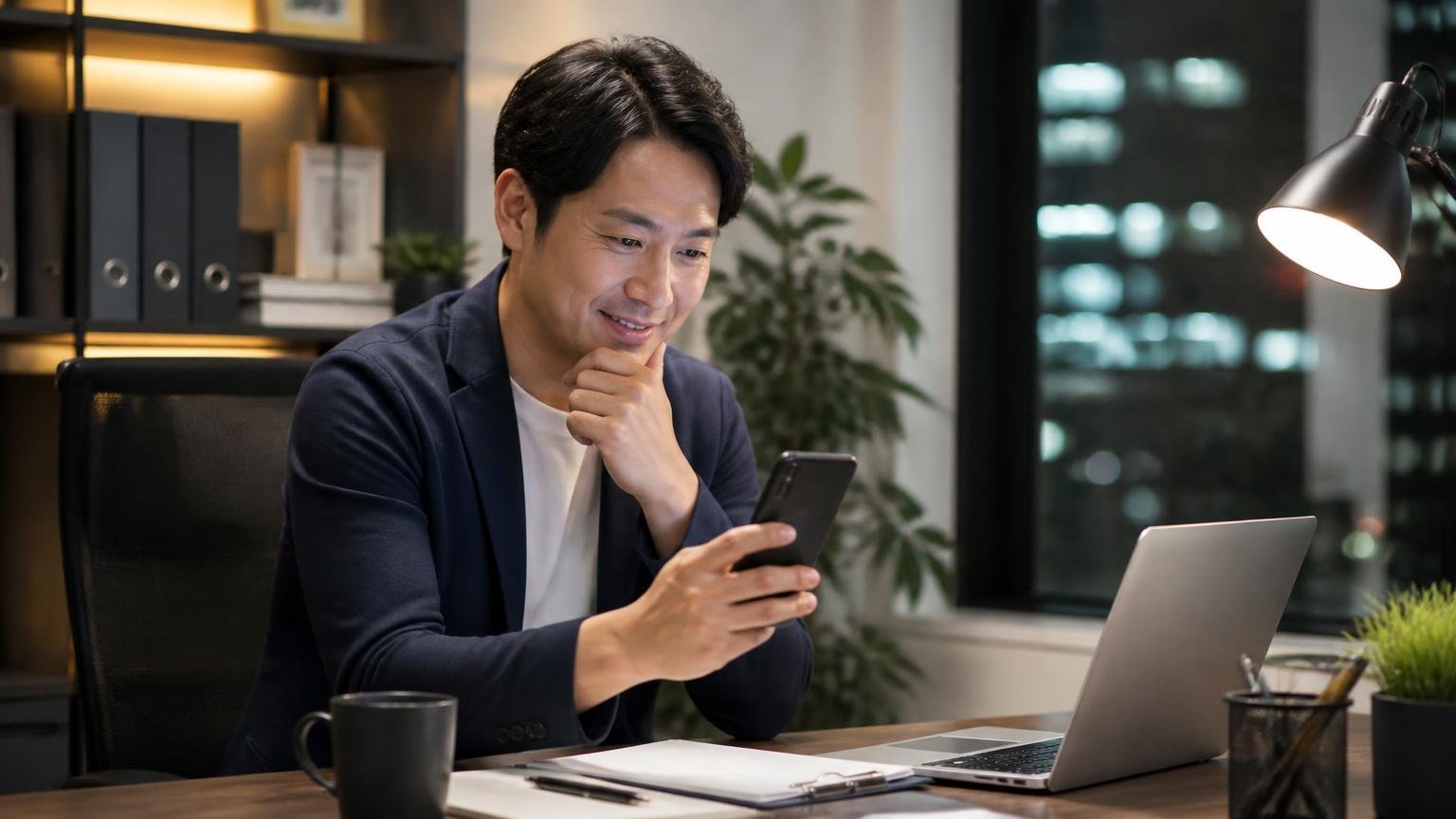 無料査定を出しておきたい業者を選ぶ 夜の事務所でスマホから無料査定を申し込む男性1人が前向きな表情