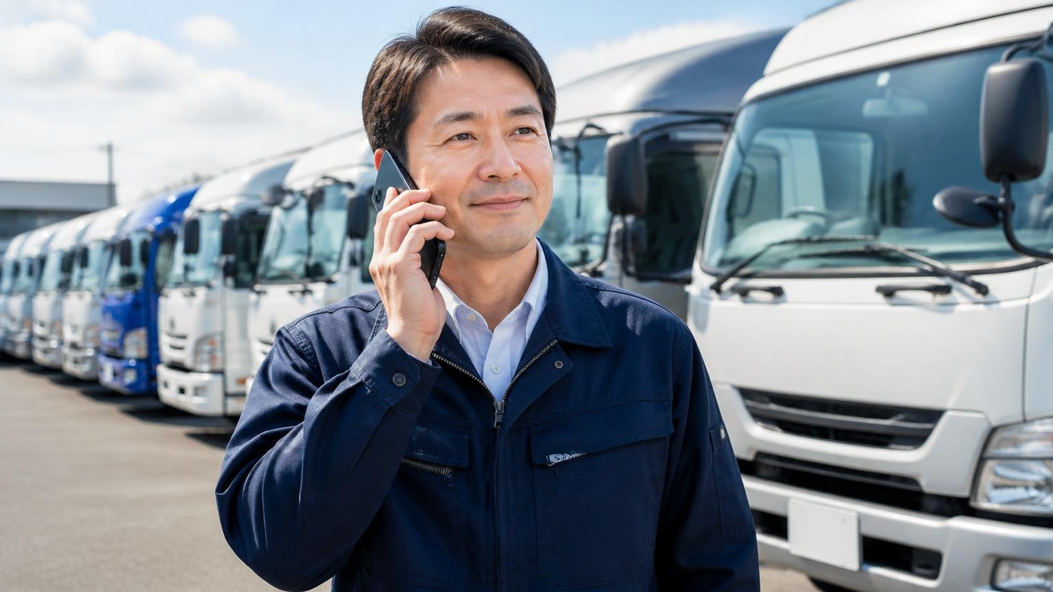 販路の広さと現金化のスピードと断りやすさ。展示場に並ぶトラックの前で電話をかける男性1人、穏やかな表情