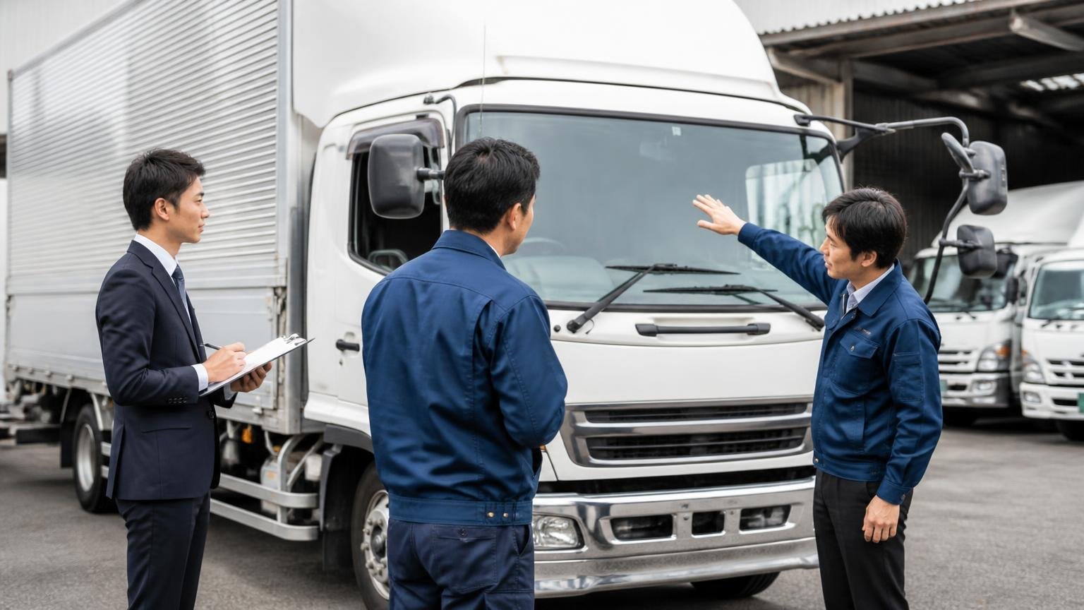同じ条件で複数社の無料出張査定を取る。営業所の車庫で4tトラックを囲む査定士2人と持ち主1人が話し合う
