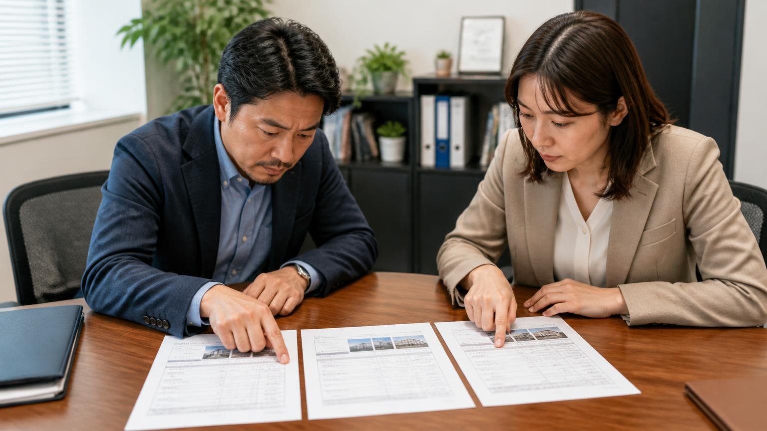 金額ではなく書面を並べる。事務所の机に3枚の査定書を広げた男女2人が、項目を指でなぞって比べる