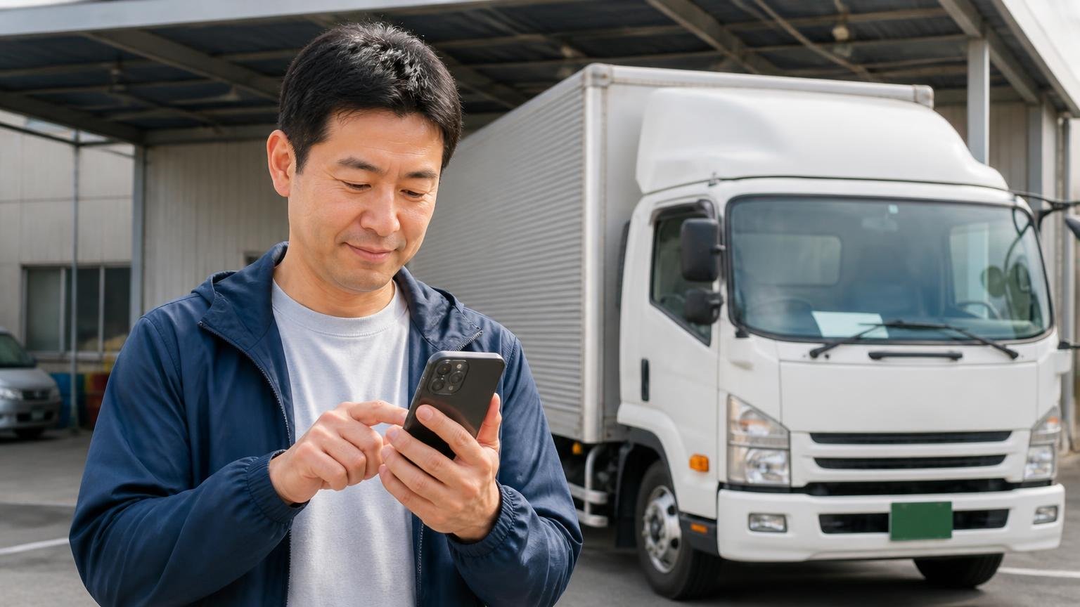 出張査定が無料の買取業者から1社目を選ぶ。営業所の車庫でトラックの前に立ち、スマホで申し込む男性1人