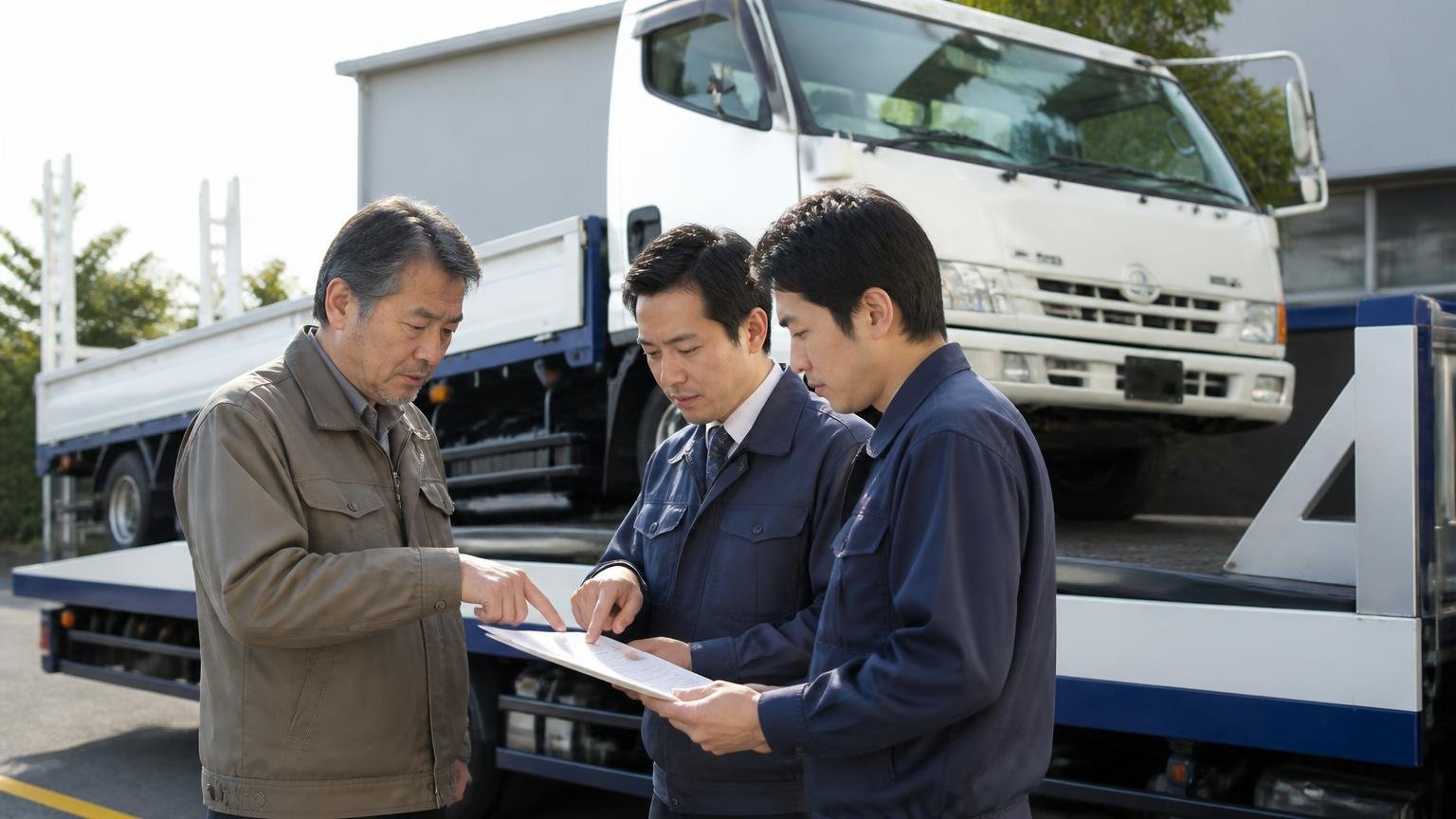 引き渡し前に名義変更の完了時期を確認する。積車に載せられるトラックの前で、持ち主と担当者2人が書面を指さす