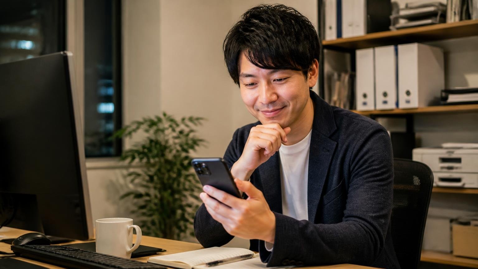 まずは1社目に、今日中に申し込んでみてください|夜の事務所でスマホを手にした1人が査定の申込画面を見て表情をゆるめる