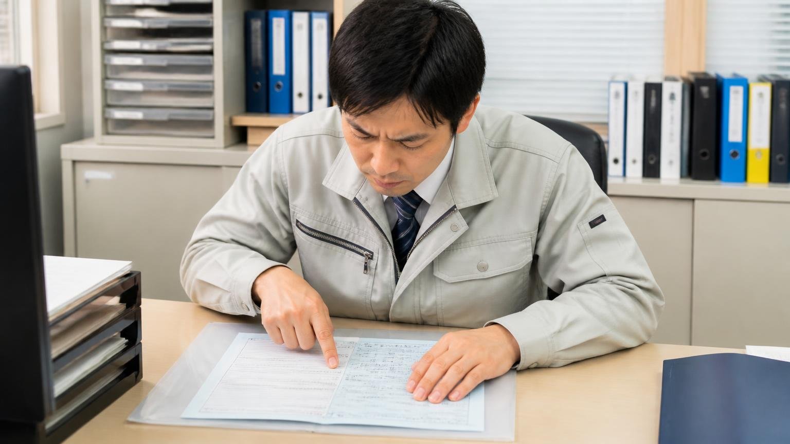 車検証の所有者欄を確認する 事務所の机に車検証を広げる場面 事務担当1人 指でなぞりながら確認する