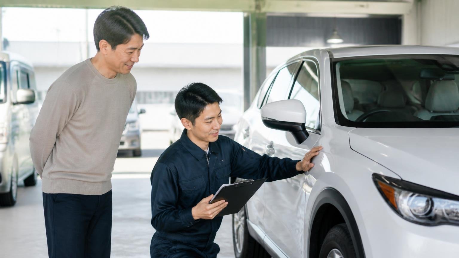 まずは無料査定から　営業所の車庫で査定士に車両を見てもらう男性1人　安心した表情