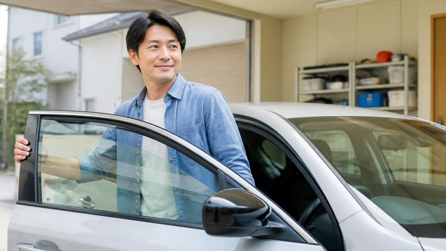 断っても費用ゼロ｜まず無料査定を並べてみるならこの3社。早朝の車庫で運転席のドアを開け査定の準備をする男性1人が前向きな表情