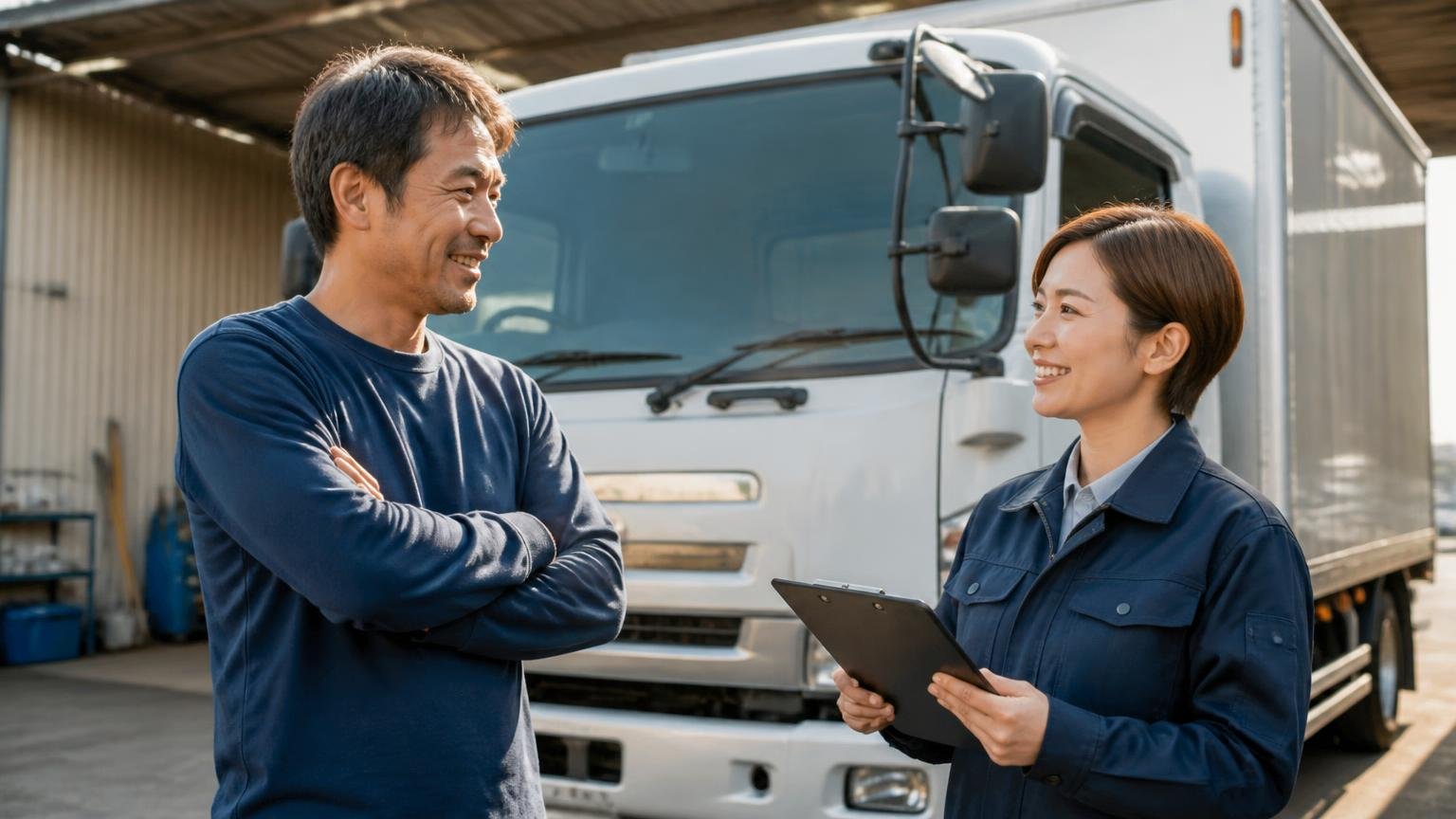 無料の出張査定で今の数字を知る 夕方の車庫でトラックの前に立つ持ち主と査定士の男女2人が笑顔で話す