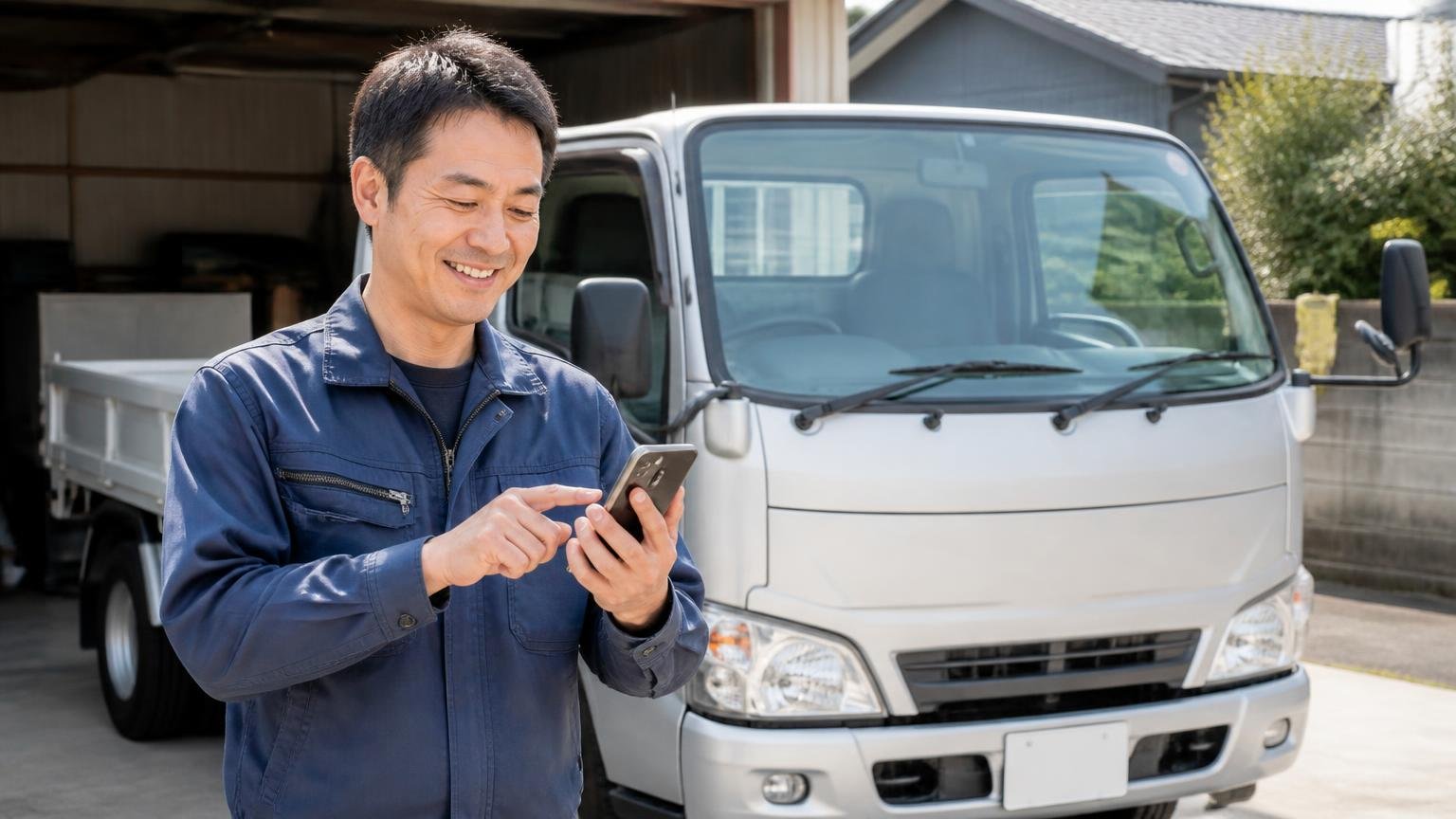 まずは無料の出張査定で今の金額を確かめるところから 車庫に停めたデュトロの前でスマホから査定を申し込む男性1人が晴れやかな表情