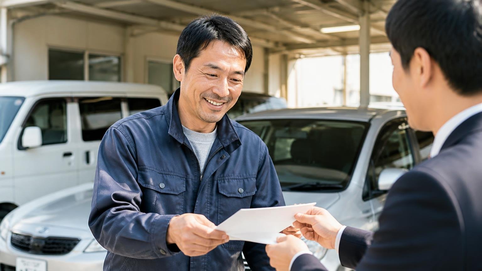 低年式・過走行でも金額が出る。営業所の車庫で査定士から書面を受け取る40代男性1人が表情を緩める