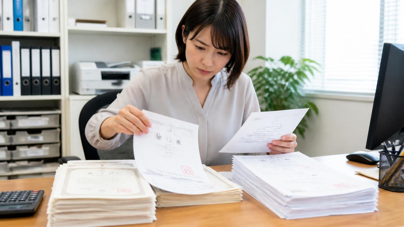 名義変更の必要書類を準備する 事務所で印鑑証明書と譲渡証明書を並べる机 事務担当1人 一枚ずつ数える
