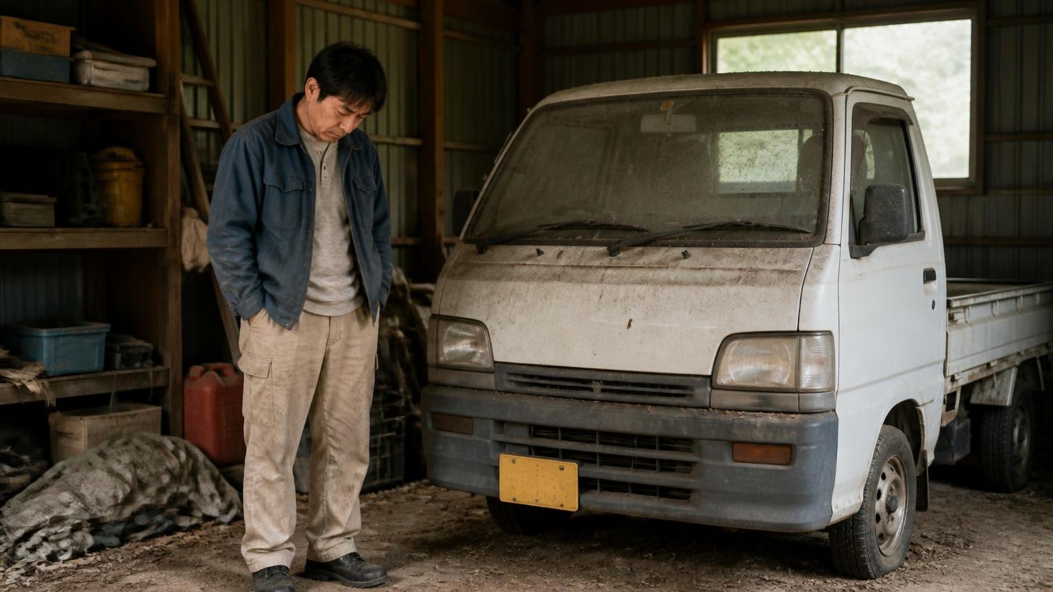 売却で損をする共通パターン 車庫の隅で埃をかぶった小型トラックの前 持ち主1人 うつむいて立ち尽くす