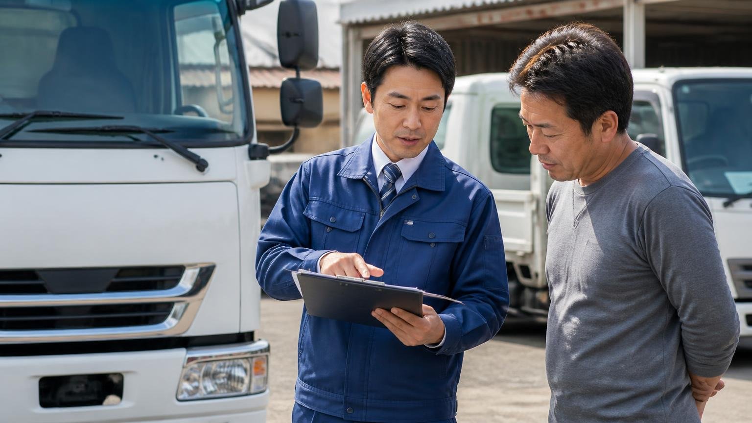複数社に査定を頼むコツ 営業所の車庫で査定士がトラックを確認する屋外 査定士1人と持ち主1人 書面を見ながら話す