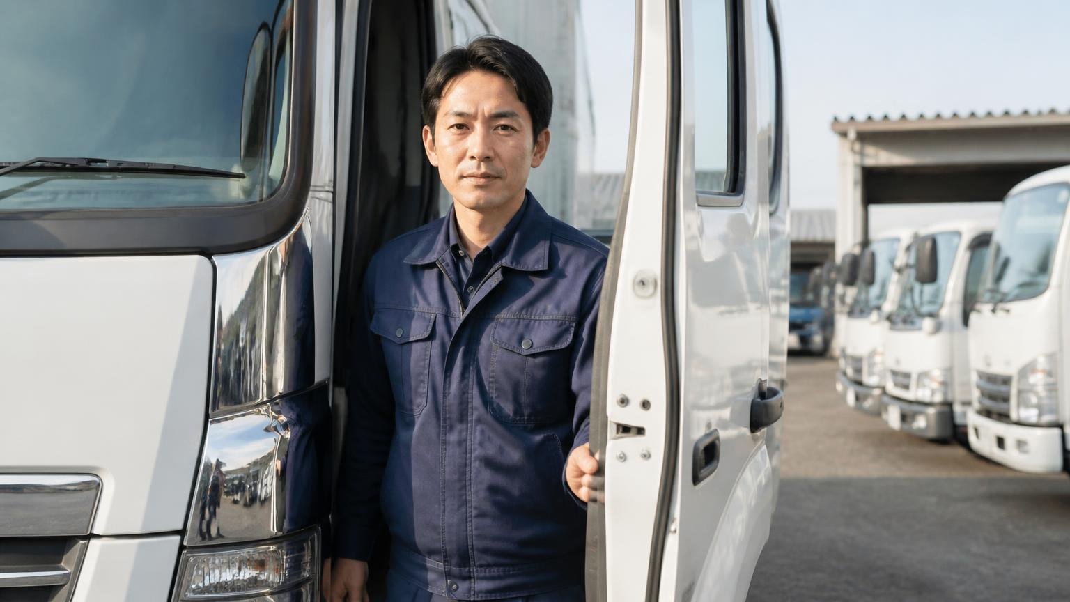 無料の出張査定でいまの金額を確かめる。早朝の車庫でトラックの運転席のドアを開ける男性1人、前を向いた表情