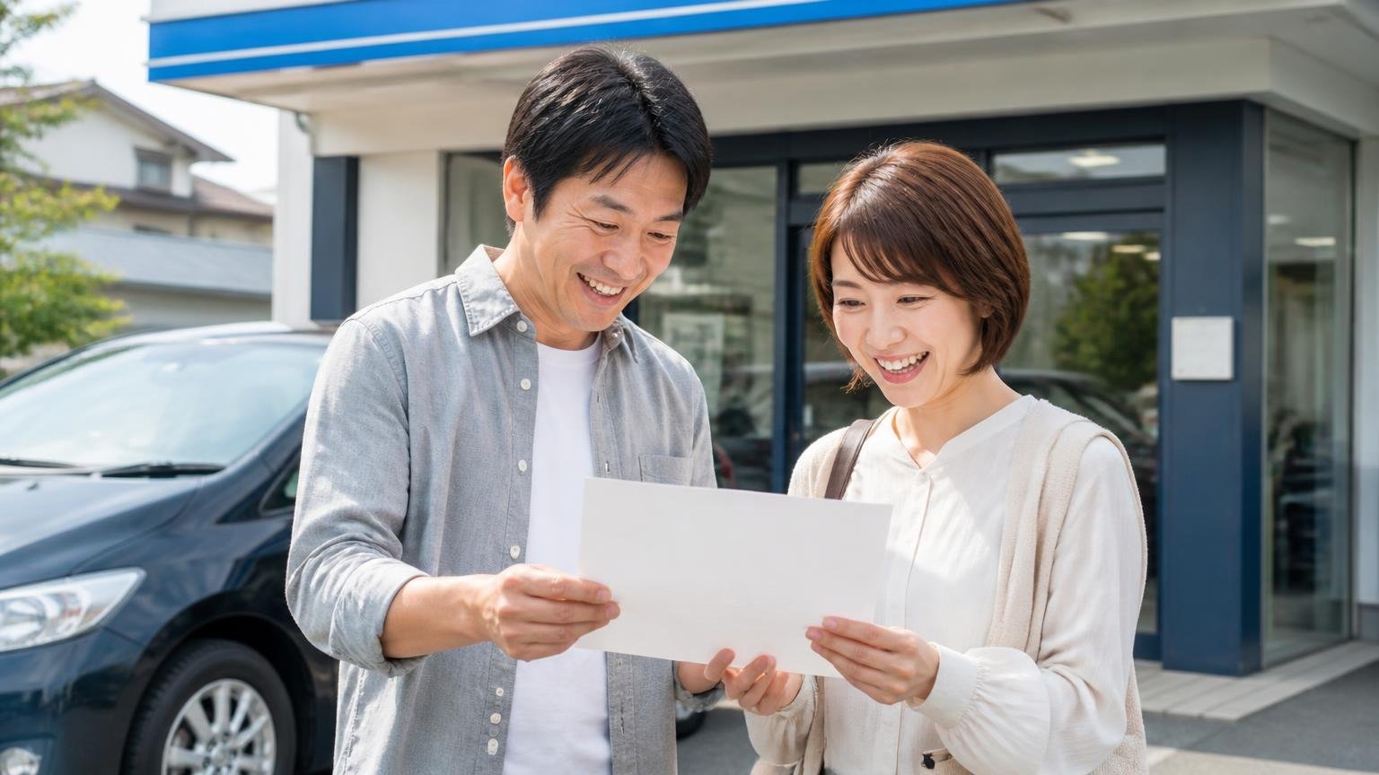 売ると決める前に今の金額だけ聞いておきたい人へ 営業所の前で査定書を受け取る男女2人が笑顔で見比べる