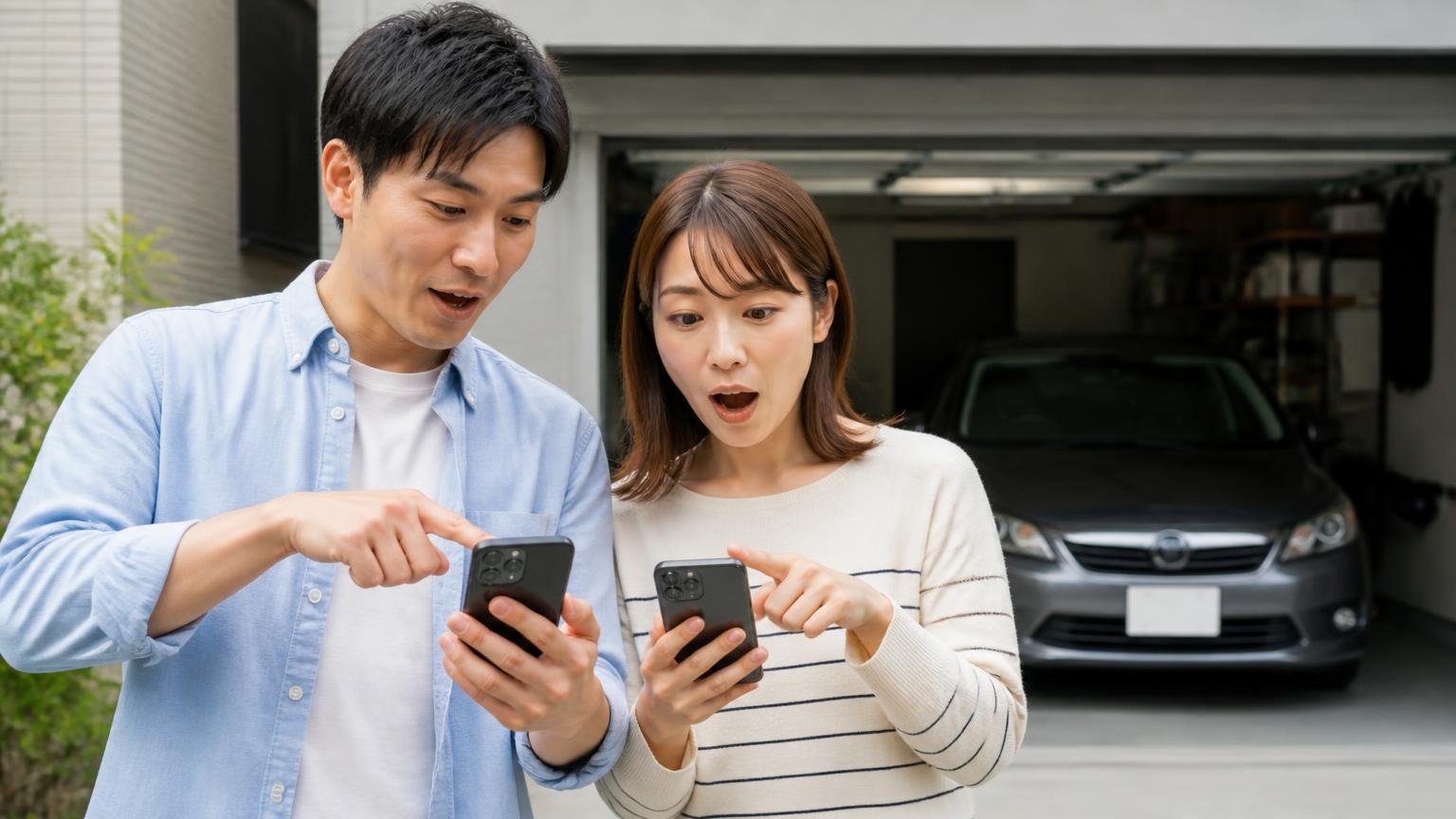 まずは1社目の金額を見るところから 車庫の前でスマホから査定を申し込む 男女2人が並んで画面を操作する