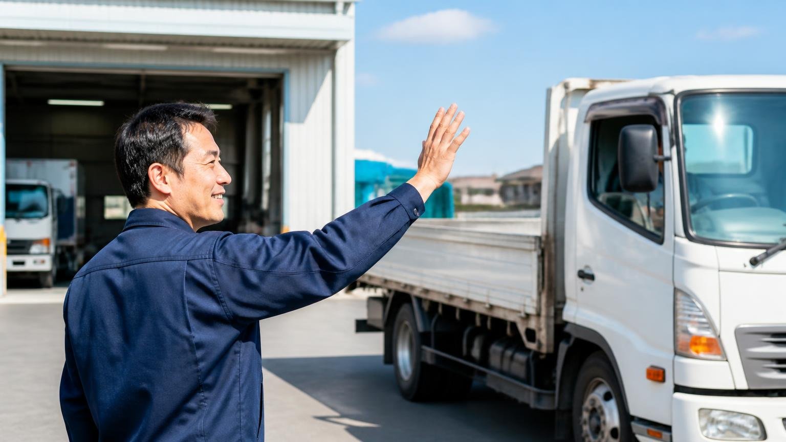 まずは無料の出張査定を複数社から取る。営業所の車庫でトラックを見送る男性1人が、晴れやかな表情で手を振る