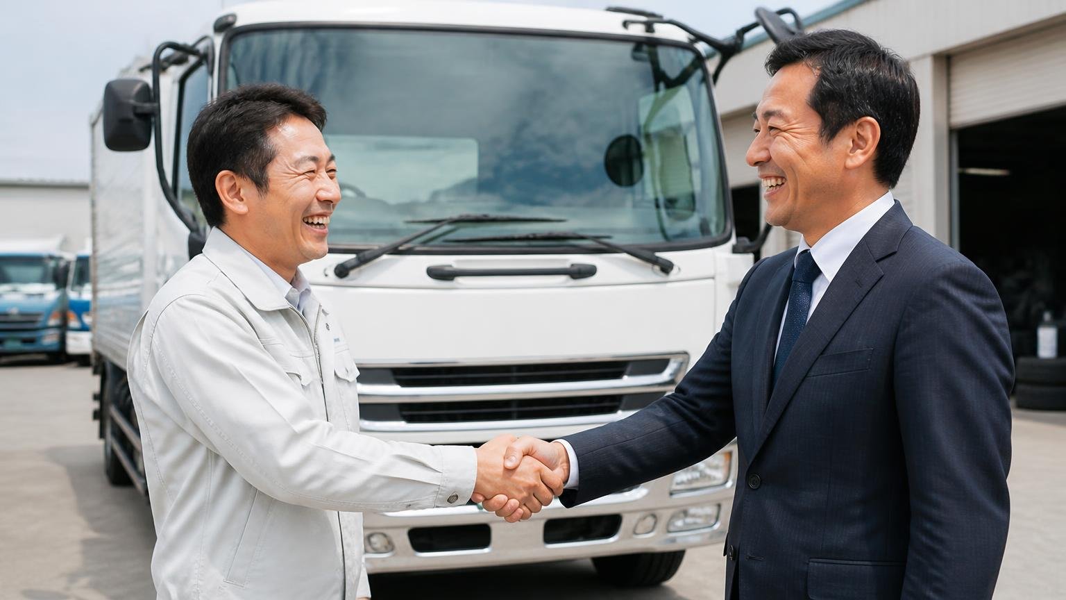 最初の1社目に選びたい買取業者。営業所の車庫でトラックの前に立ち笑顔で握手する男性2人