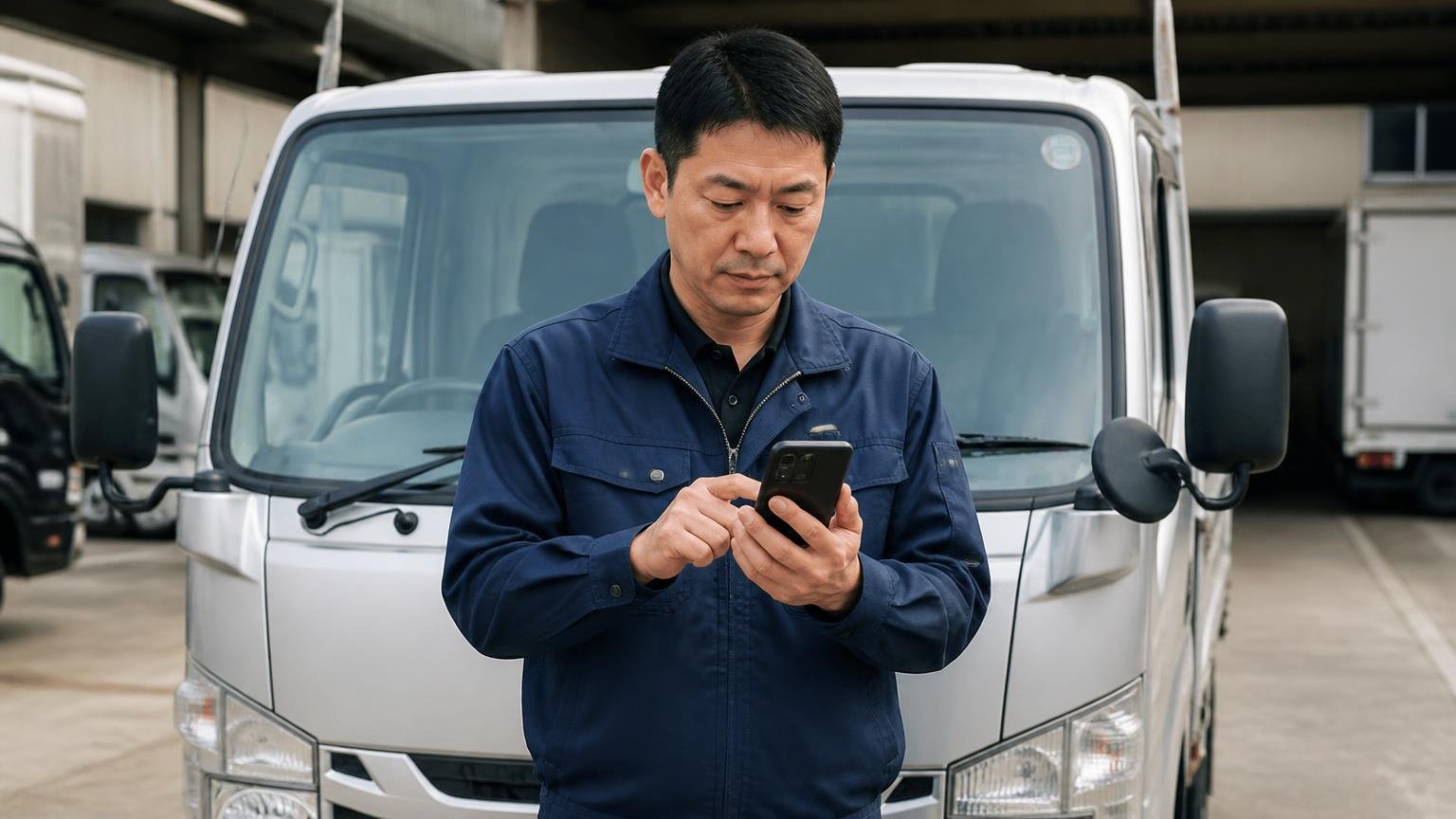 まず金額を確かめる 営業所の車庫に停まった小型トラックの前でスマホを操作 持ち主1人 前を向いた表情