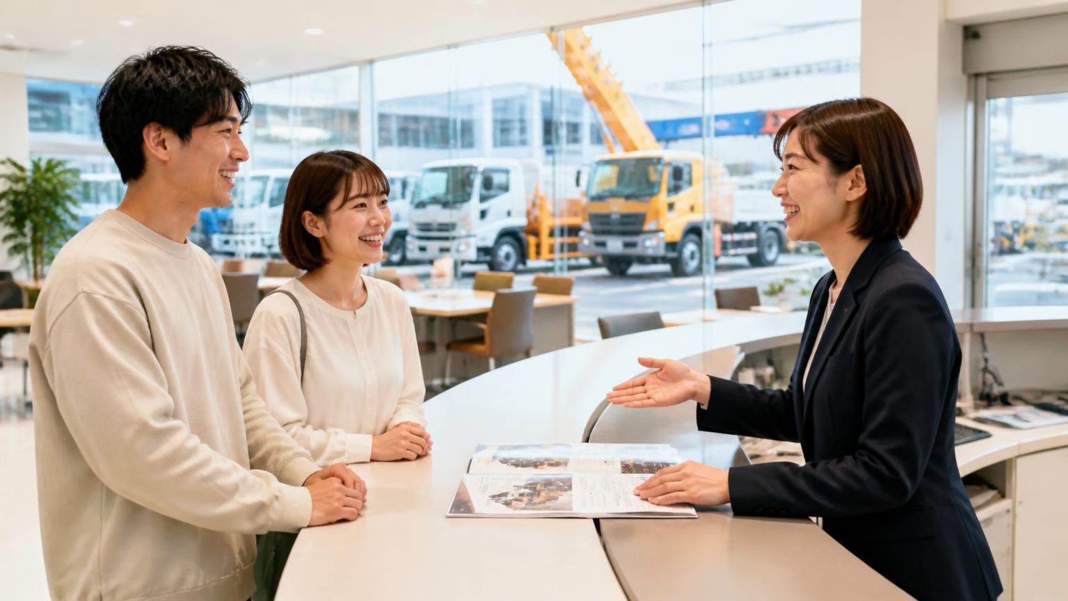 特殊車両が多いと語る星5の声。きれいな展示場の受付カウンターで笑顔で説明を受ける男女3人