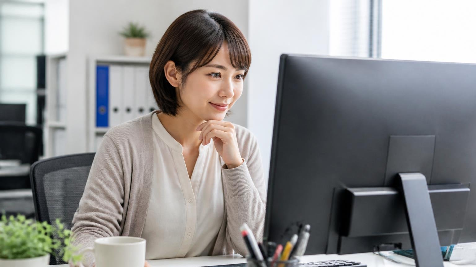 運営は株式会社Azoop。設立年も資本金も公開されている|事務所のパソコンで会社情報を確認する女性1人が納得の表情