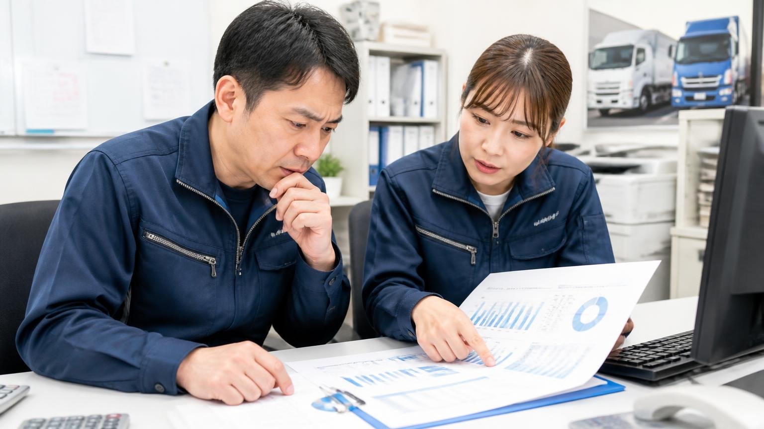 設立・資本金・売上・従業員数・拠点|事務所で会社概要の資料を広げて確認する運送会社の事務担当2人