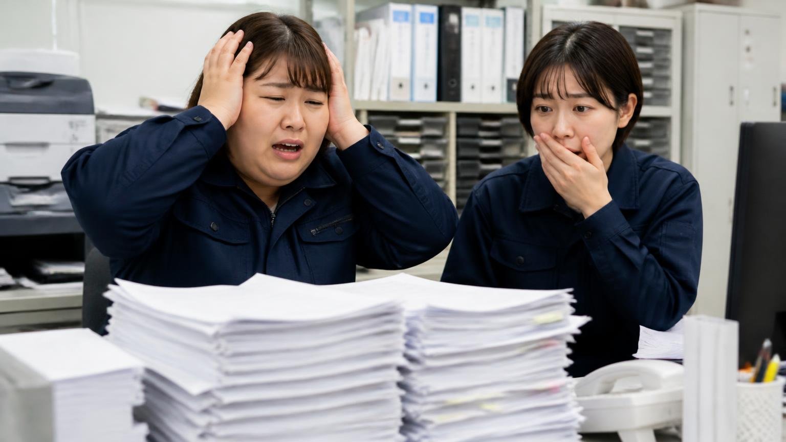 FAX営業への苦情が半数。運送会社の事務所で受信済みの用紙の束を前に困惑する事務担当2人