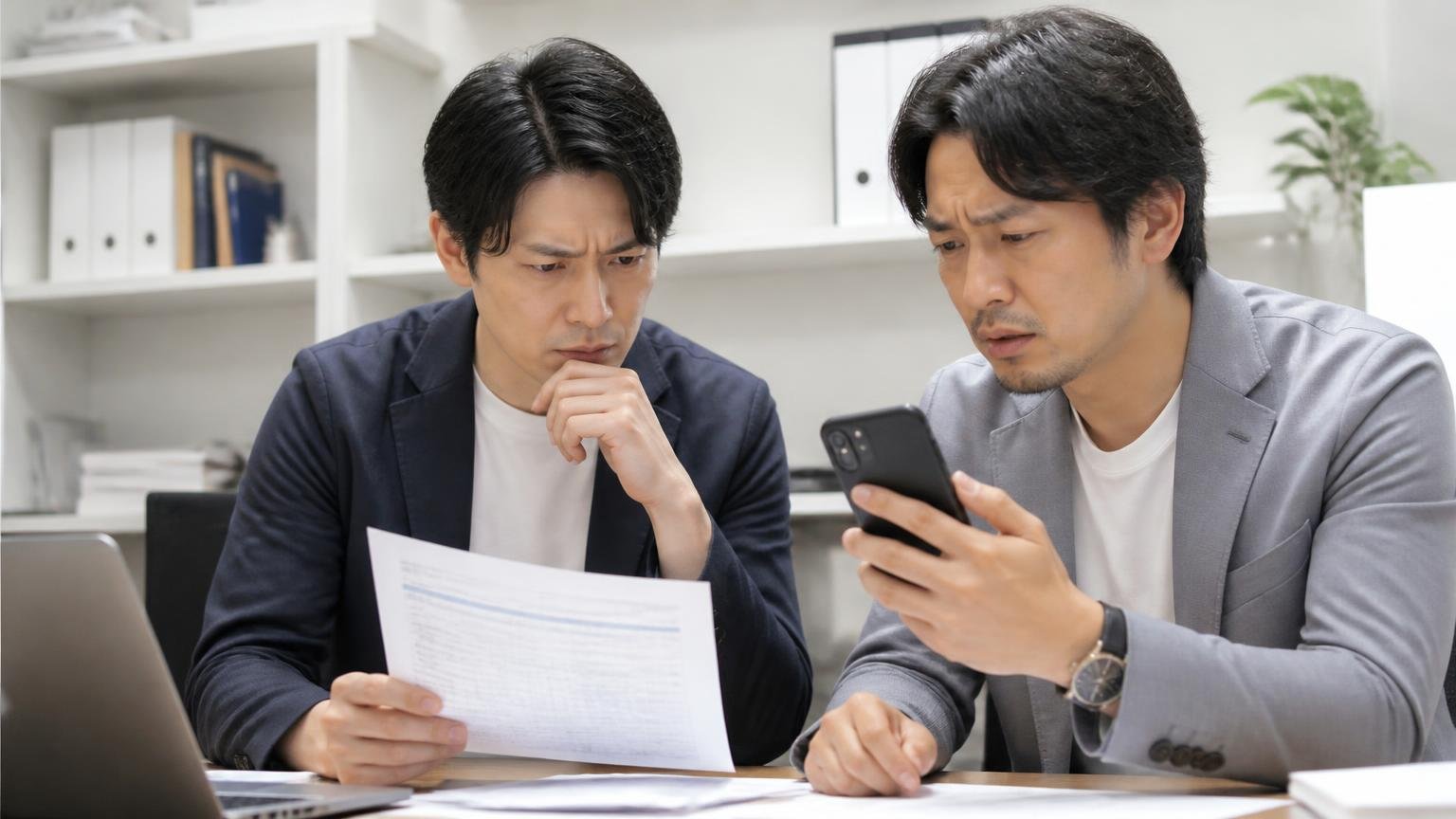 低評価（星1）の3件は具体的に何と書いてあったのか。事務所で査定書とスマホを見比べ、眉をひそめる男性2人