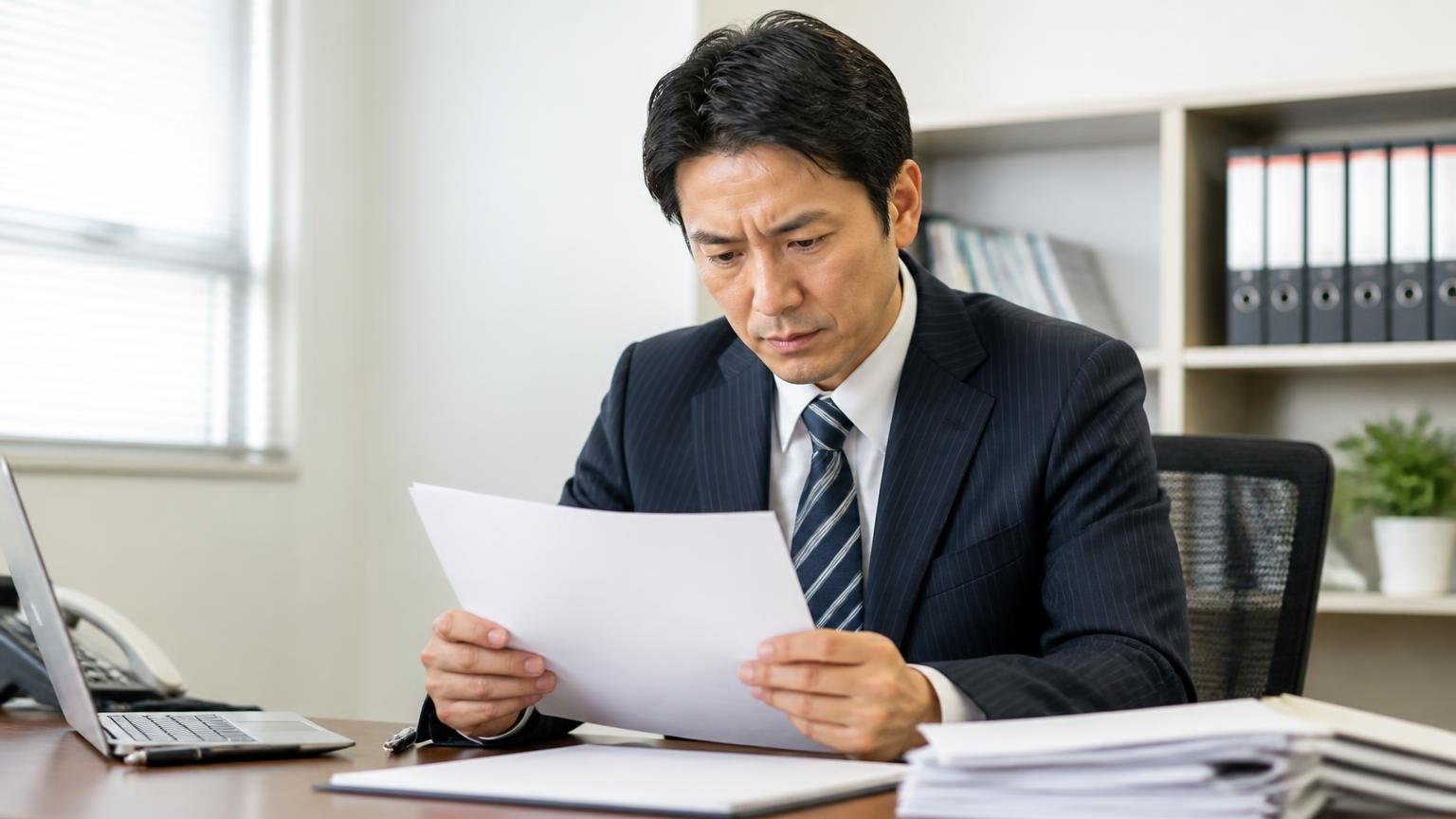 設立・資本金・代表者・古物商許可番号。事務所で会社概要の書類を確認する40代男性1人、真剣な表情