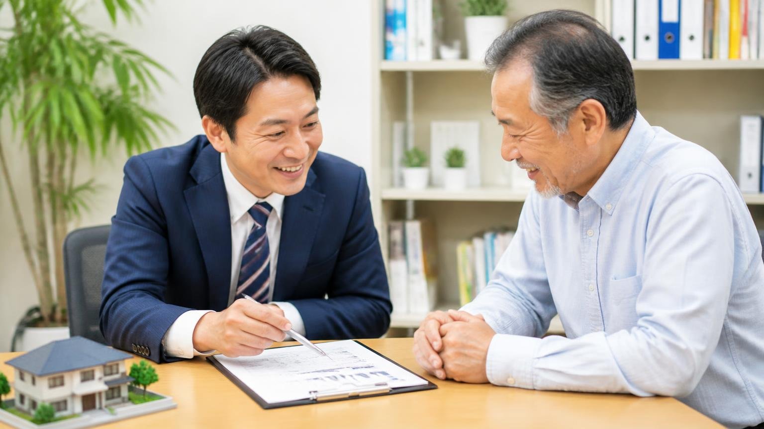 担当者の対応が丁寧で要望のヒアリングが細かい。事務所で査定書を見ながら打ち合わせする2人が笑顔