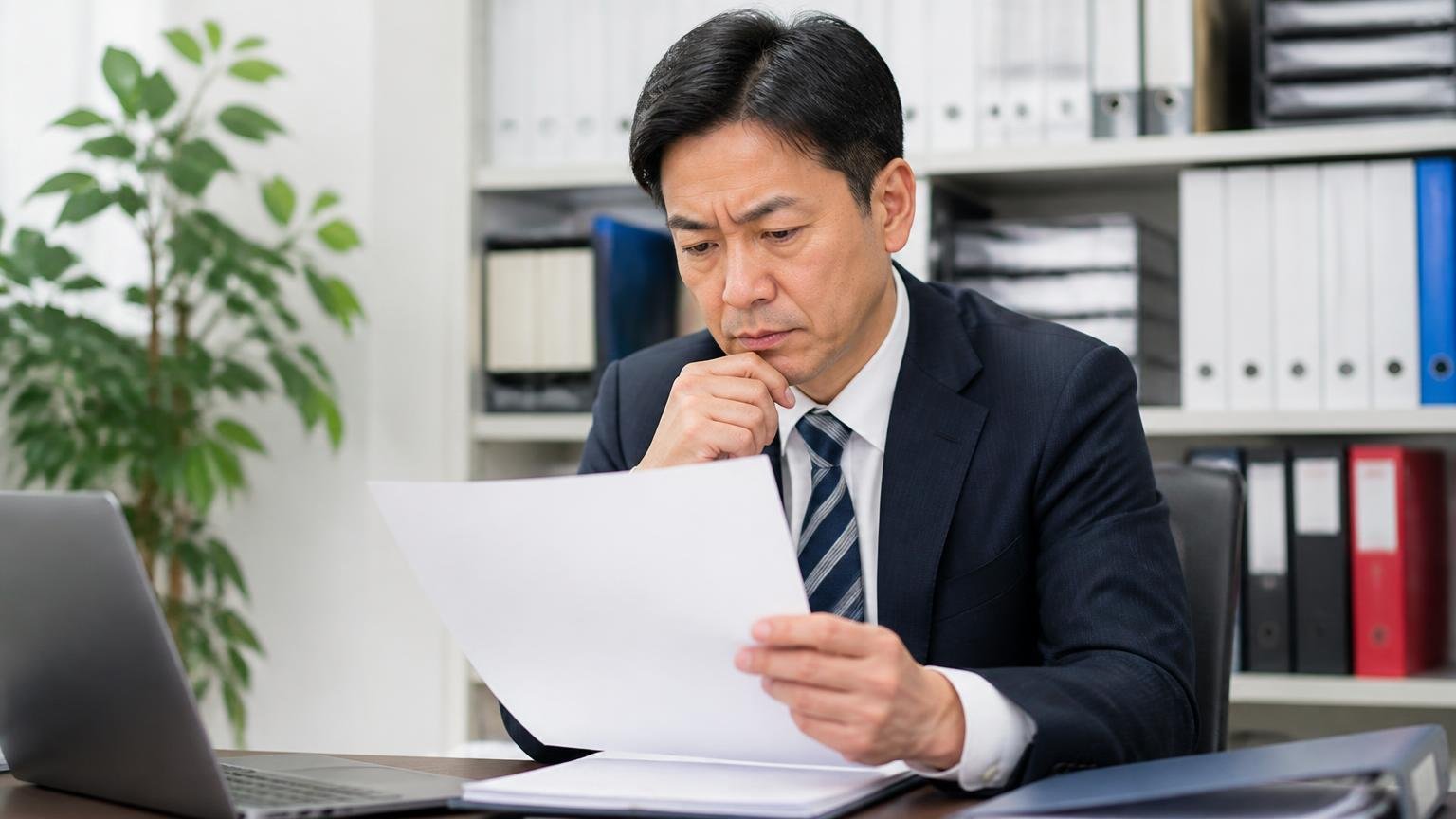 設立・代表者・本社・古物商許可番号。事務所で会社概要の書類を確認する40代男性1人、真剣な表情