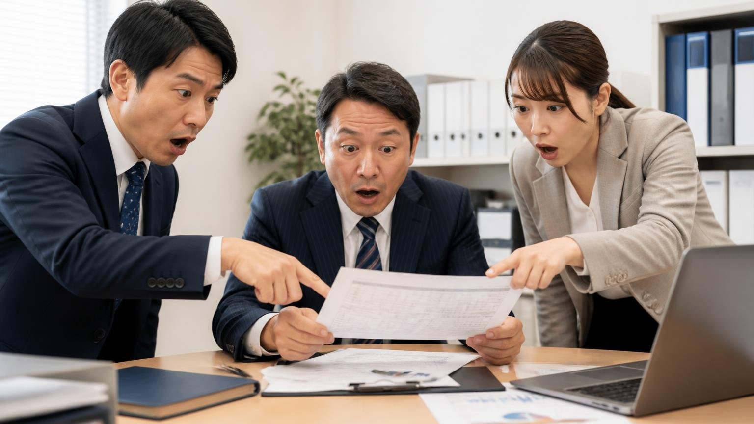 設立2012年・従業員125名・年間4270台の会社データを確認 事務所で査定書と資料を見ながら打ち合わせ 男女3人が資料を指差し驚く表情